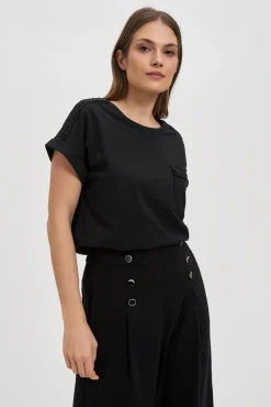 Bluzki Bawełniane|Bluzki Z Krótkim Rękawem>Moodo Bawełniany t-shirt ozdobiony koralikami czarny