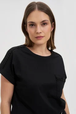 Bluzki Bawełniane|Bluzki Z Krótkim Rękawem>Moodo Bawełniany t-shirt ozdobiony koralikami czarny