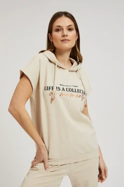Bluzy Wiosenne|Bluzy Damskie Krótkie>Moodo Bluza z krótkimi rękawami i kapturem beżowa